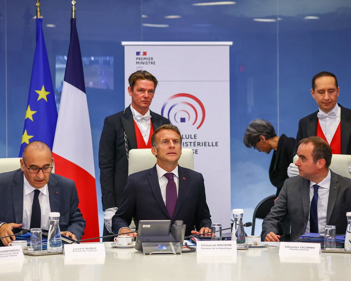 French president Emmanuel Macron, prime minister Sébastien Lecornu, and interior minister Laurent Nuñez attend a meeting with members of the cabinet to discuss wildfires in the country, at the Hotel de Beauvau, headquarters of the Interior Ministry, in Paris, France.
