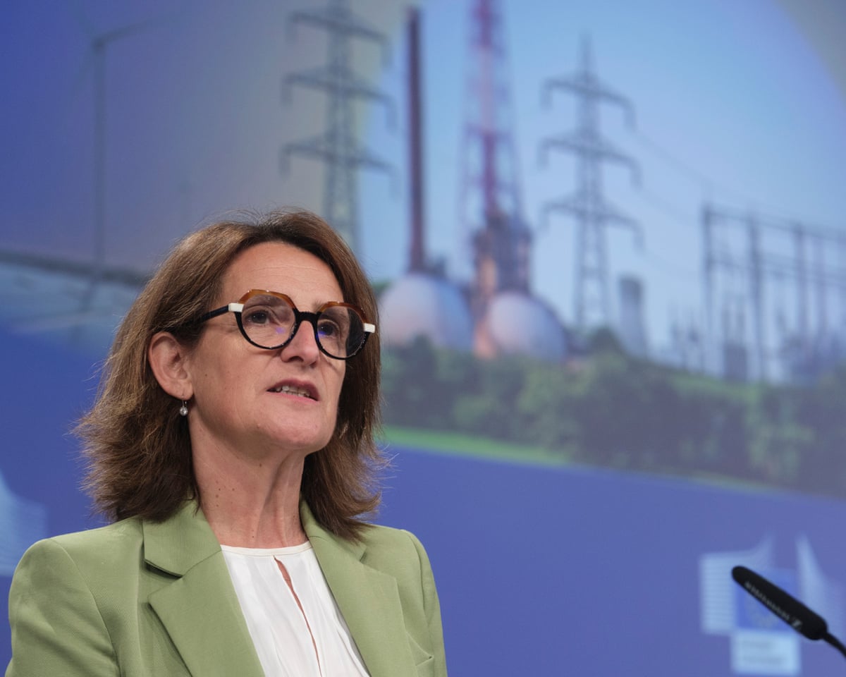 EU Commissioner Teresa Ribera Rodriguez talks to media in the Berlaymont, the EU Commission headquarters.