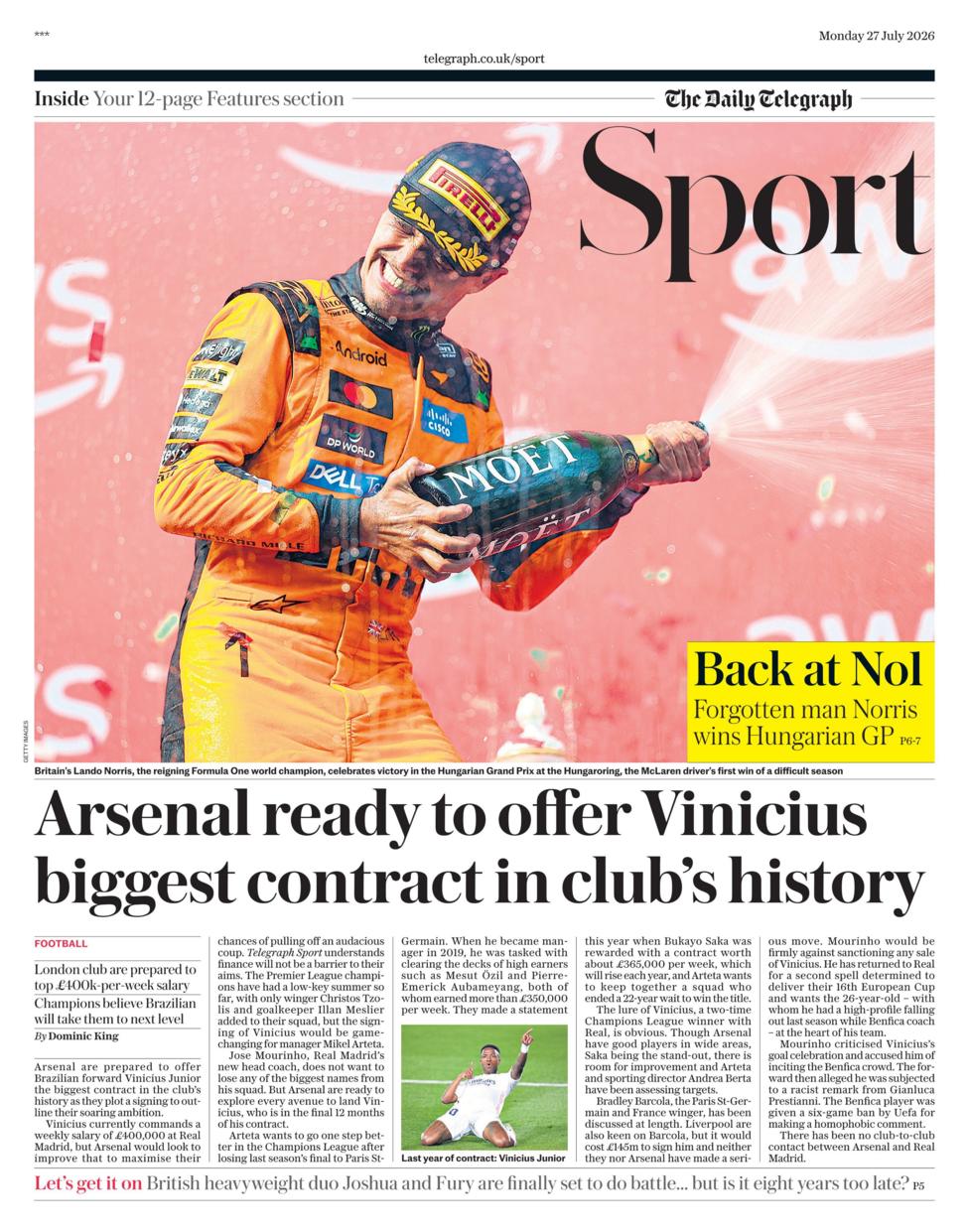 Lead sport page of the Daily Telegraph on 27 July 2026