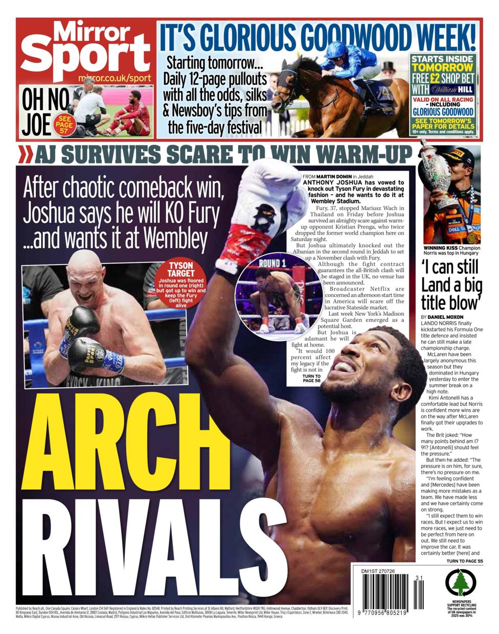 Back page of the Daily Mirror on 27 July 2026