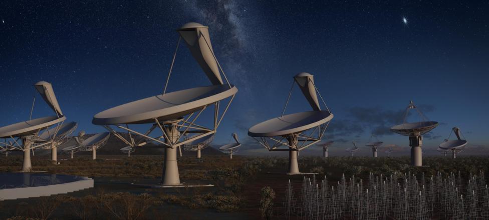 A dark, starry desert landscape filled with huge white radio dishes, each like a shallow bowl on a tall pedestal, all tilted toward the sky. In the foreground, stand many spiky metal antenna frames. The Milky Way arches overhead, giving a sense of a vast, silent observatory listening to space.