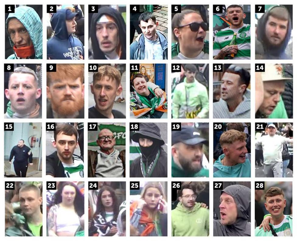 Grid-style photo comp featuring images of 28 Celtic fans wanted over disorder in the Trongate area of Glasgow