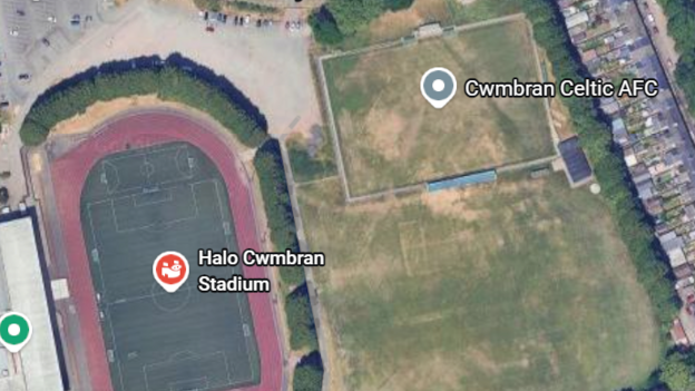 Aerial map view of Halo Cwmbran Stadium next to Cwmbran Celtic football pitch