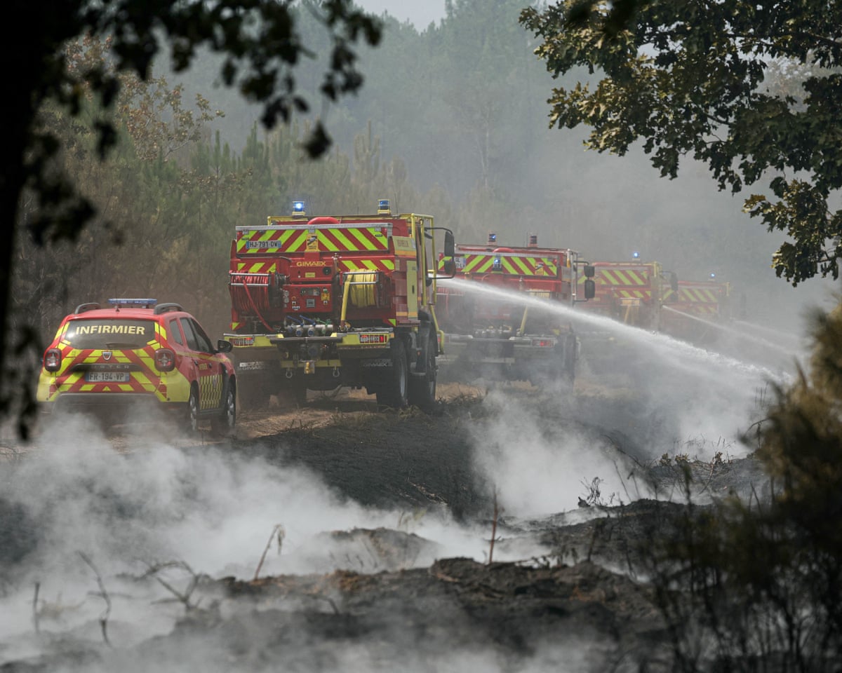 Firefighters carry out mop-up operations, extinguishing remaining hot spots and smoldering patches, in a forest near Marcheprime, some 30 km from Bordeaux, Paris.
