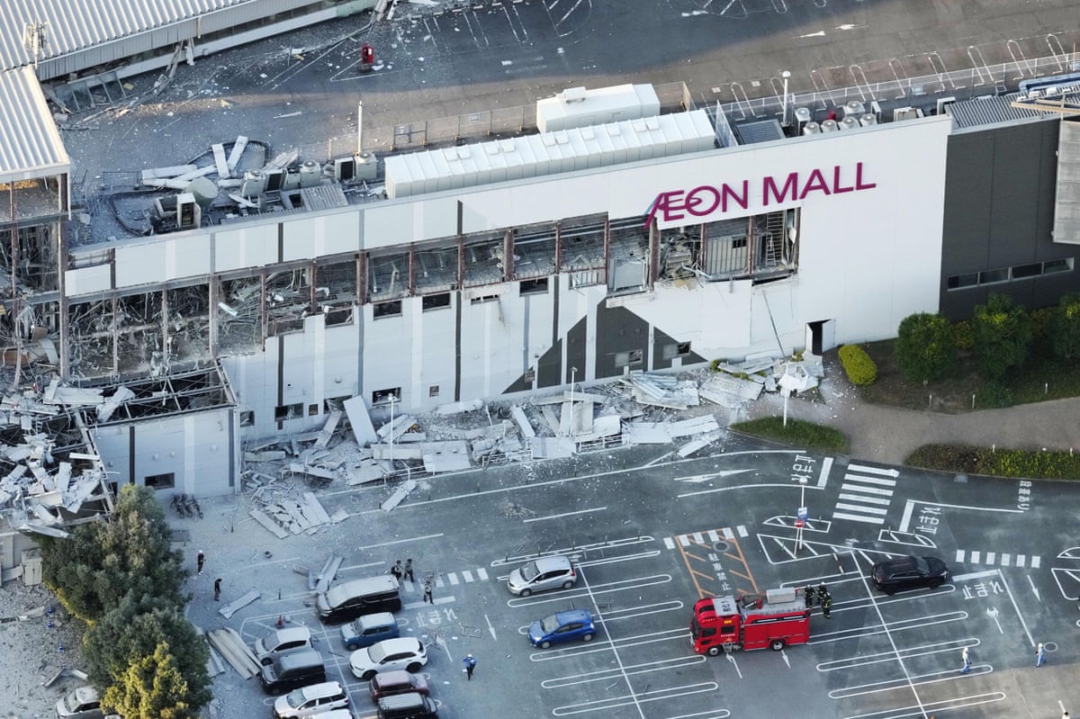 This aerial image shows the damaged AEON Mall after an earthquake in Kashima, Kumamoto prefecture, southern Japan, Tuesday, July 28, 2026.