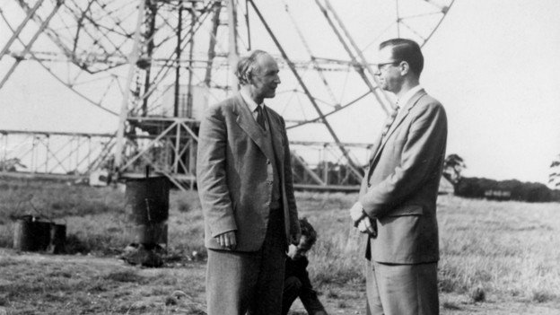Professor Sir Bernard Lovell (left), director of the radio astronomy station at Jodrell Bank, Cheshire, and John Taber, chief American scientist there, take a breather in the open air beside the 250ft wide bowl of Jodrell Bank