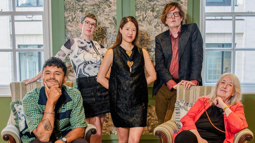 The Booker judges pictured together, left to right: Raymond Antrobus, Patricia Lockwood, Rebecca Liu, Jarvis Cocker and Mary Beard