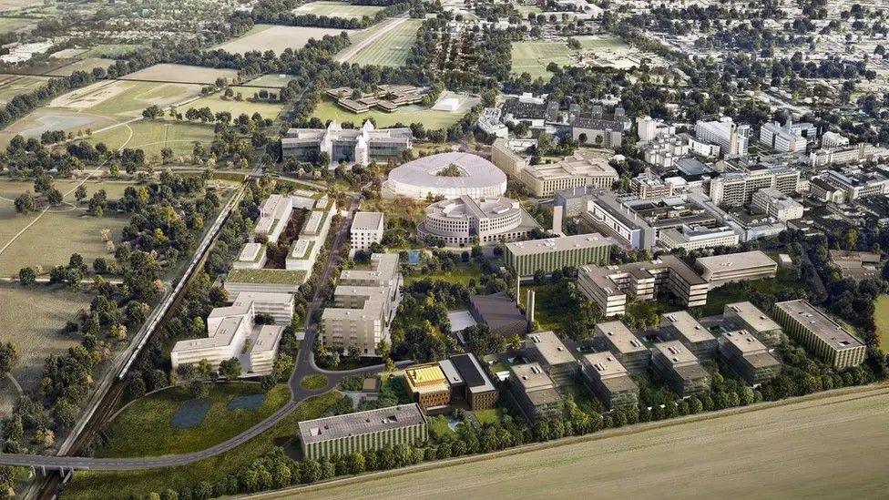 Aerial of the Cambridge Biomedical Campus showing tall research and science buildings spread out across a landscape