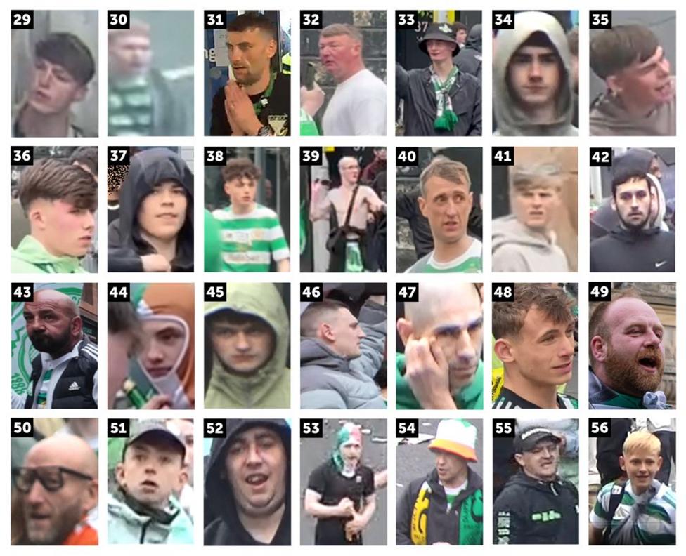 A total of 28 images taken from CCTV, numbered 28-56. Each image shows a man or teenage boy at the Celtic title party in Glasgow city centre - many of them are wearing Celtic colours