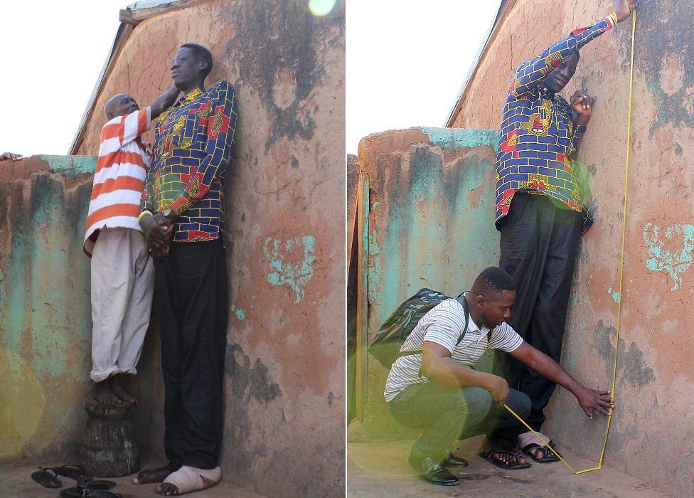 Two pictures show Sulemana Abdul Samed, also known as Awuche, being measured against a wall.