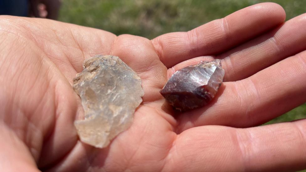 Two small sharpened pieces of stone in someone's palm
