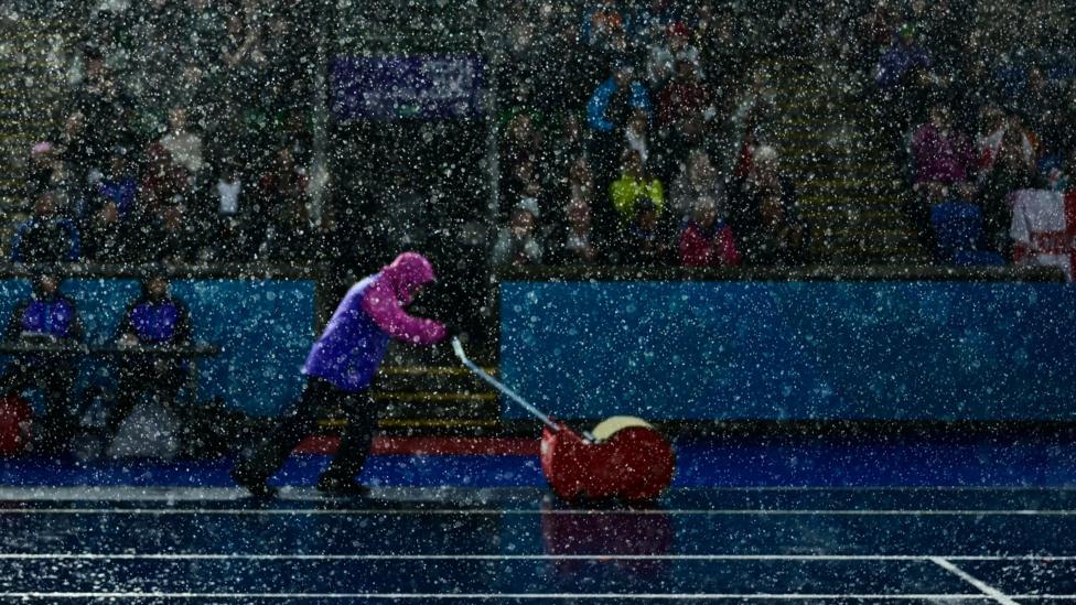 Torrential rain at Scotstoun Stadium at 2026 Commonwealth Games