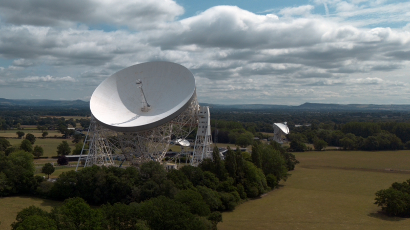 An aerial photograph taken with a drone of the Lovell Telescope at Jodrell Bank Observatory in Macclesfield, Britain, 28 July 2026. 