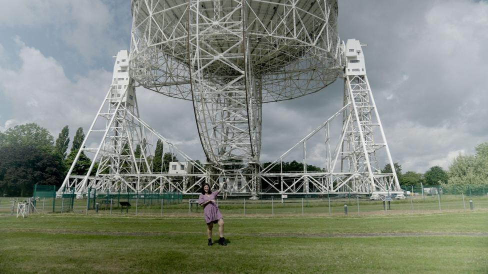 George Dransfield standing in front of the Lovell telescope. 