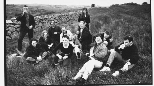 A black and white picture of the members of the band in the 1991 film The Commitments