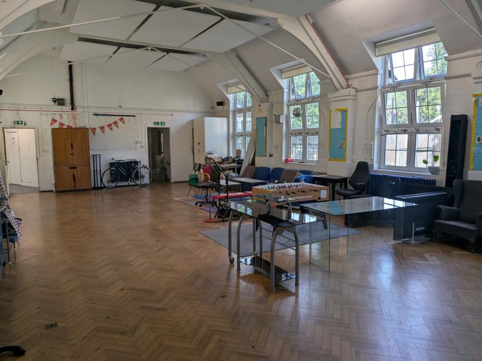A classrooms at the school that has been converted into living space