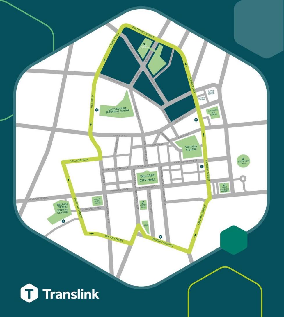 a graphic map of Belfast city centre featuring a yellow loop indicating a continuous shuttle bus service route.