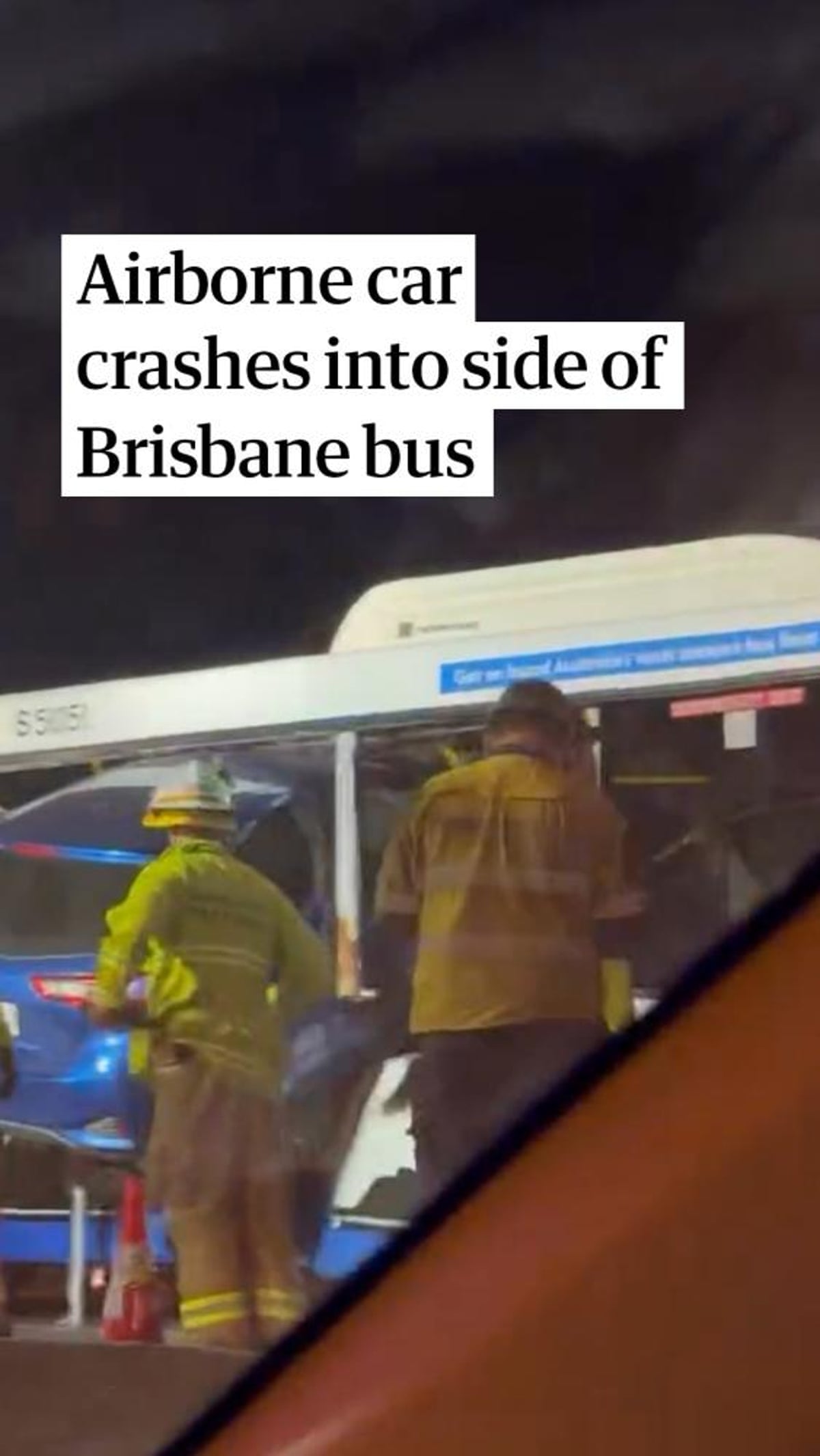 Footage shows car lodged into side of bus after airborne crash in Brisbane