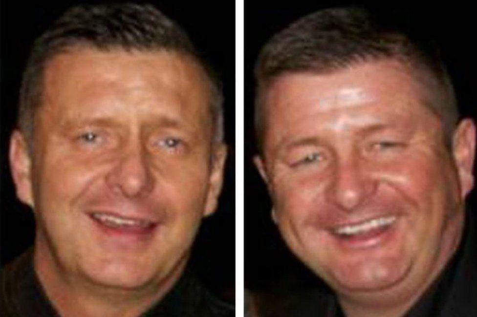 Two men smile in two images put side by side. They both have short dark hair