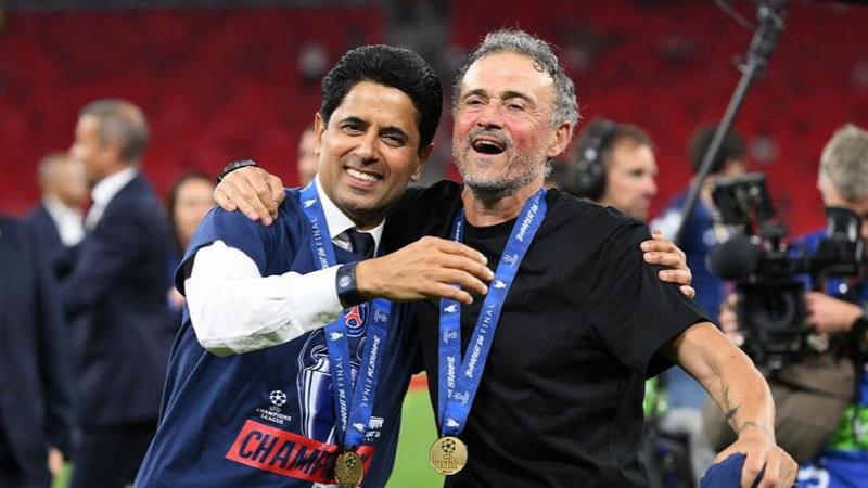 PSG president Nasser Al Khelaifi (left) with manager Luis Enrique after the Champions League final victory over Arsenal