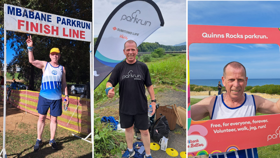 A composite image showing a runner at different locations around the world