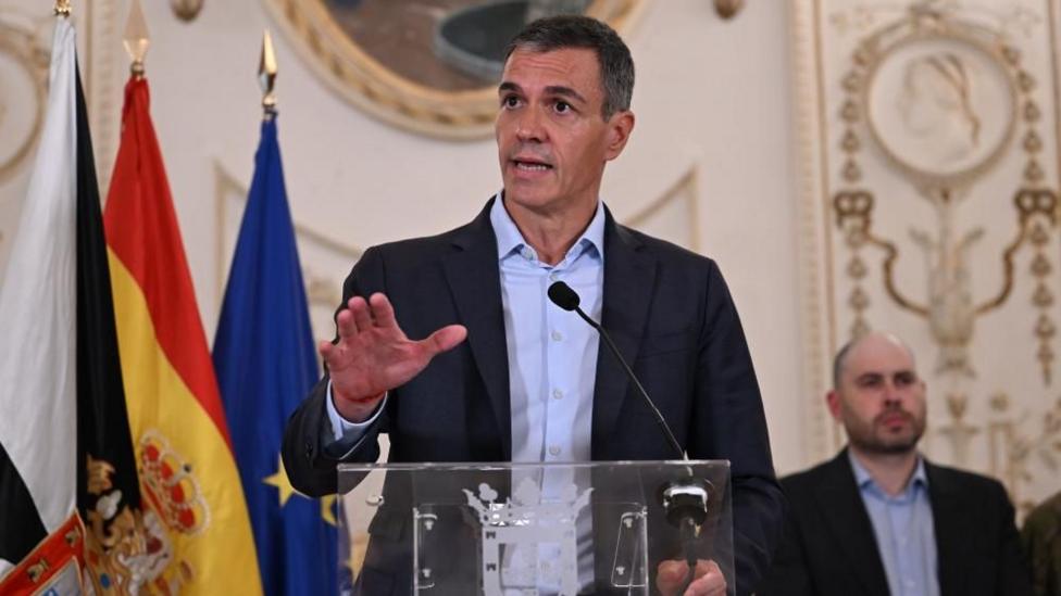 Spanish Prime Minister Pedro Sanchez as he speaks at a press conference in Ceuta