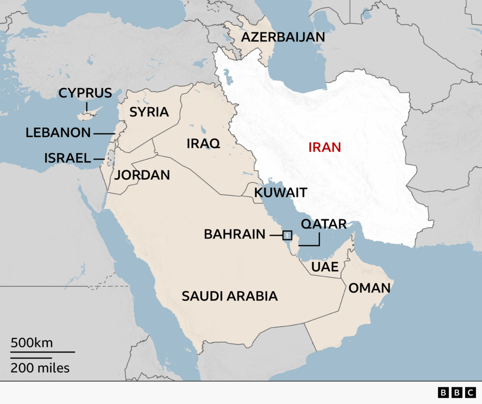 A regional map highlighting Iran in white with its name in black. Countries that have come under fire from Iran and its allies are labelled - Israel, Cyprus, Lebanon, Iraq, Kuwait, Jordan, Bahrain, Qatar, UAE, Oman, Saudi Arabia, Azerbaijan, Syria. Surrounding countries are grey.