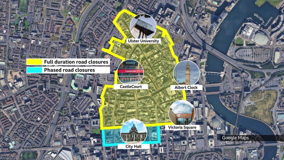 The city centre zone will be pedestrianised with road closures from 5am on Sunday and the yellow shaded area will be closed to traffic. the roads around the city hall in blue will be open some of the time closing on a phased basis if necessary. There will be changes to bus routes and drop off points.