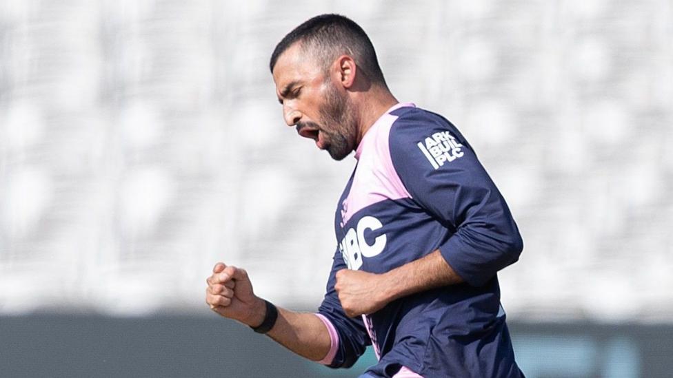 Middlesex spinner Zafar Gohar celebrates a wicket against Yorkshire in the One-Day Cup