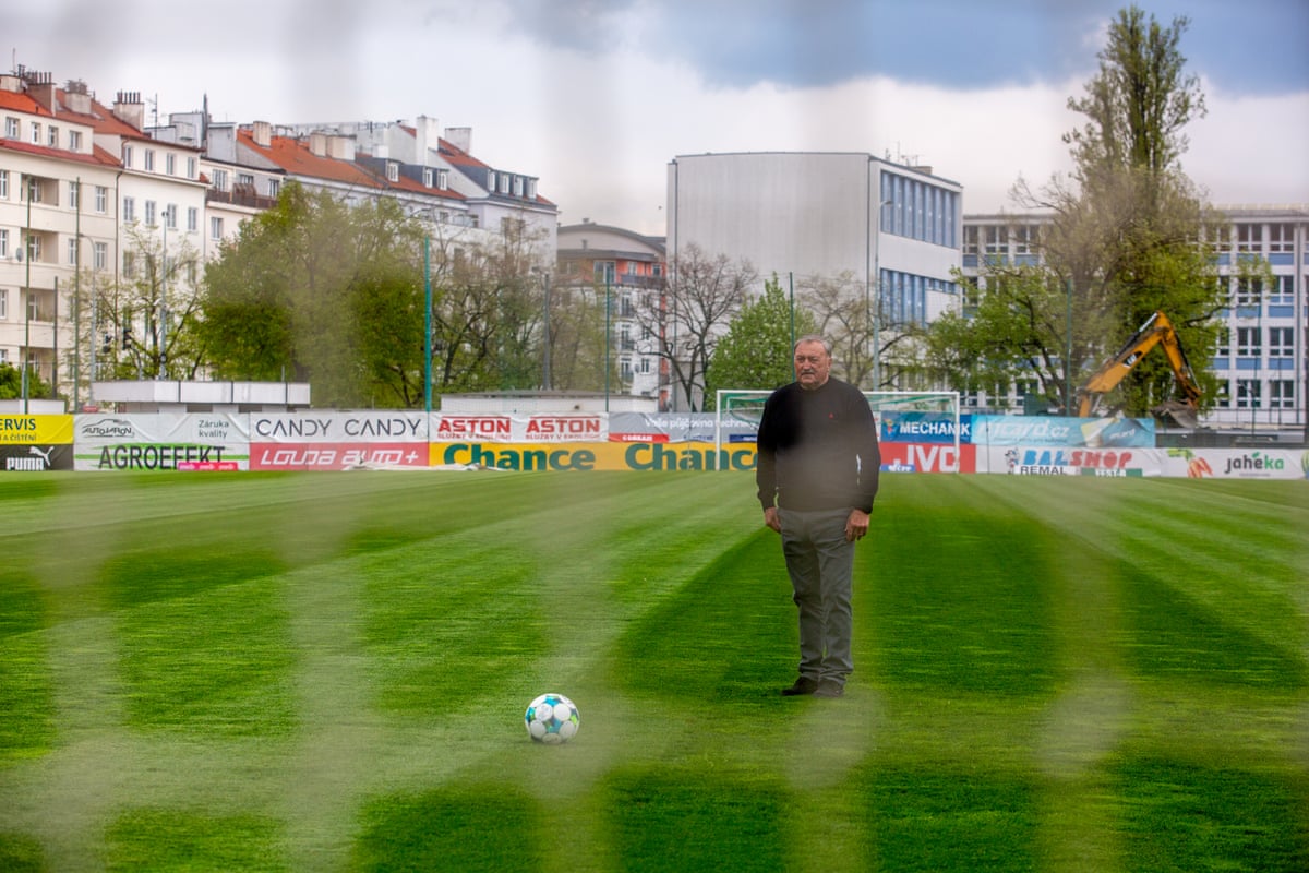 Antonin Panenka, the former Czech footballer, stands as though about to take a penalty at FK Bohemians Praha’s stadium.
