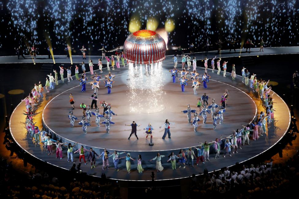 Tunnock's Teacake rocket taking off on stage at the end of the opening ceremony