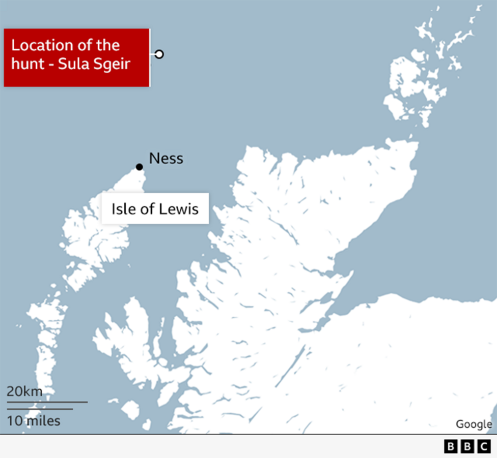A map of Scotland showing the locations of Lewis, Ness and Sula Sgeir.