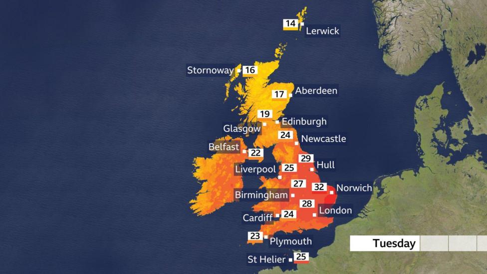 A heat map of the United Kingdom for Tuesday coloured in orange, yellow and red with top temperatures show in numbers for some major cities. The highest is 32C in Norwich.