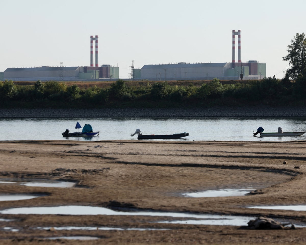 Paks Nuclear Power Plant with the partially dried-up Danube riverbed in Dunaszentbenedek, Hungary.