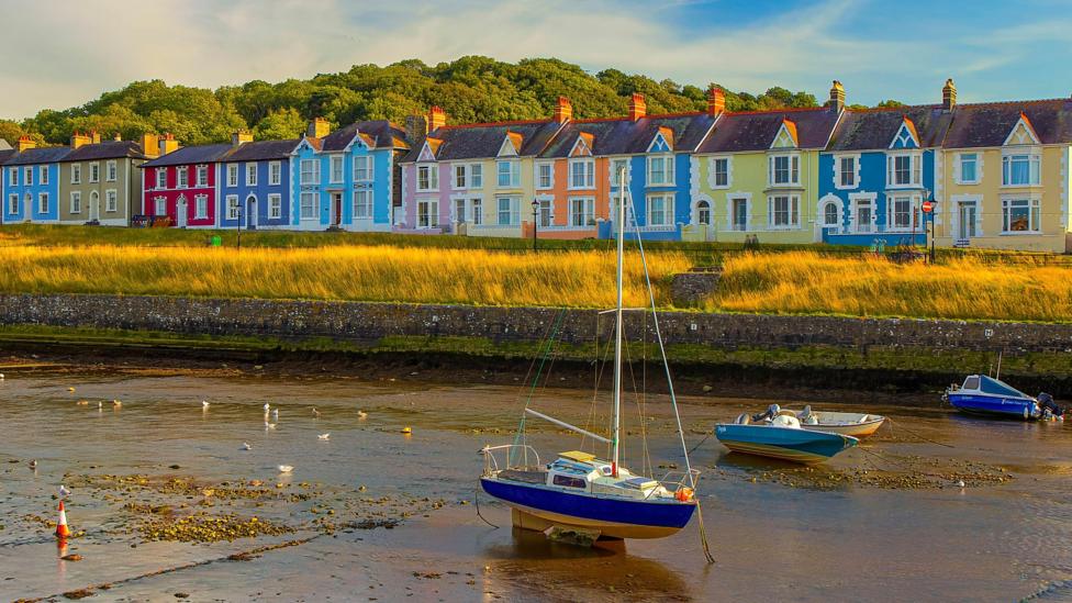 A view from the harbour looking at a row of colourful houses in Aberaeron. Each town house is a different colour. A bank of grass between the houses and the water catches the light, with boats anchored up - the tide has gone out.