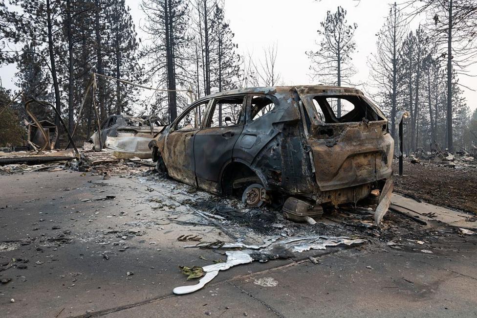 A car burned down to its core by a wildfire near Spokane, Washington