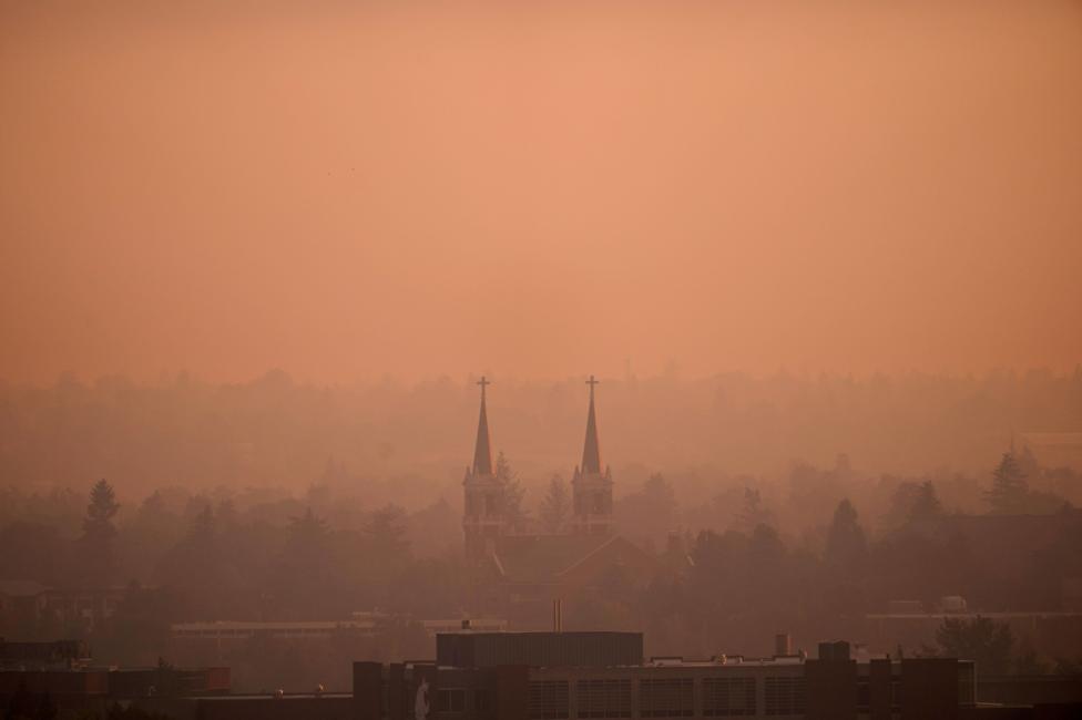Wildfire smoke blankets the town of Spokane, Washington