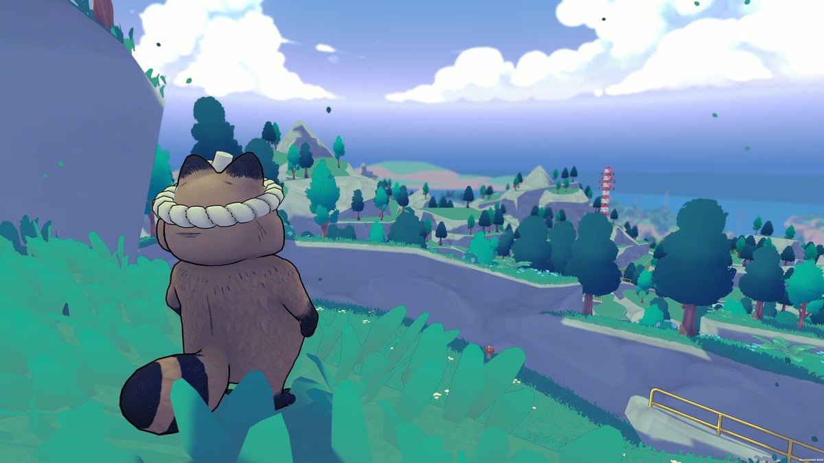 A tanuki looks out over the town.