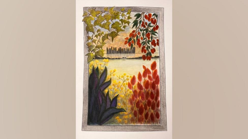 A pencil drawing of a landscape with flowers and plants in the corner. The picture depicts a body of water and tall buildings in the distance in front of a sunset.