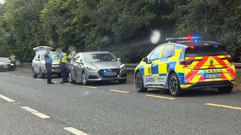 Garda officers and garda cars surround a small car on the roadside of the N2 near Carrickmacross. The officers are all wearing blue uniforms, but two are wearing yellow high-viz vests over their shirts. The boot of a hatchback vehicle behind them is open.
