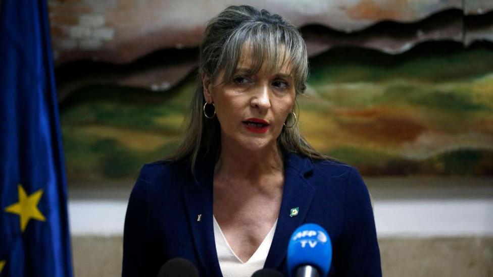 Martina Anderson satands in front of the EU blue and yellow flag. She is wearing a navy jacket and white blouse and has shoulder length brown hair