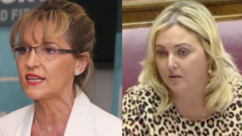 A composite of two woman, both with blond hair. The woman on the left is wearing glasses, a white jacket, The woman on the right is wearing a leopard print blouse