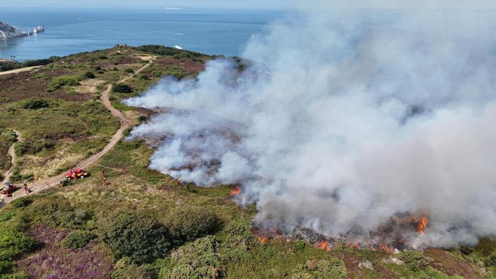 Aerial footage of heathland on fire on the Isle of Wight.