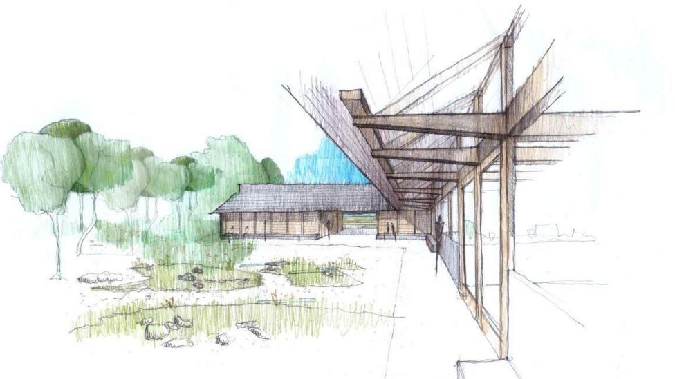 An illustration showing a planned extension at the Dores Inn. The extension is a wooden, single-storey building with beams and part of it has a glass frontage.