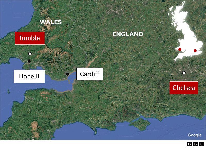 Map illustrating Tumble, Llanelli, Cardiff and Chelsea 