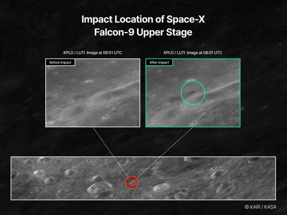 A composite of satellite images show the surface of the moon before and after the crash of the second stage of a SpaceX Falcon 9 rocket, which was launched from Firefly Aerospace towards the moon in January 2025, in this handout image released on August 6, 2026.
