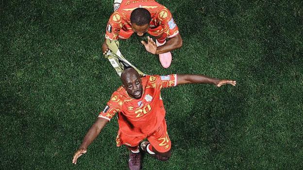 Overhead shot of Yoane Wissa and Gedeon Kalulu of Congo DR celebrate after the 3-1 win during the FIFA World Cup 2026 Group K match between Congo DR and Uzbekistan.