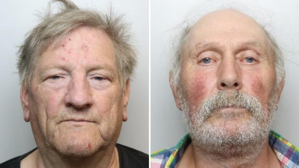 A side-by-side composite containing two head-and-shoulders portrait photographs against a plain light grey background. On the left side, Wright is facing directly toward the camera. He has short, light-coloured hair that appears slightly tousled. Several small red marks are visible on the forehead, and another red mark is visible on the chin. The eyes are partially open, and the face is evenly lit. He is wearing a dark-coloured top, of which only the upper neckline and shoulders are visible. On the right side, Schwalbe is also facing directly toward the camera. He has very little hair on the top of the head, with some light-coloured hair remaining around the sides. A full white beard and moustache cover the lower face. He is wearing a multi-coloured plaid shirt with green, blue, yellow, and purple tones visible near the collar and shoulders.