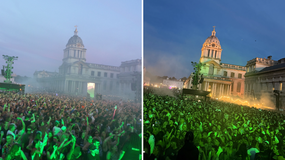 Digital camera v phone shot of a festival crowd with a grand building in the background.