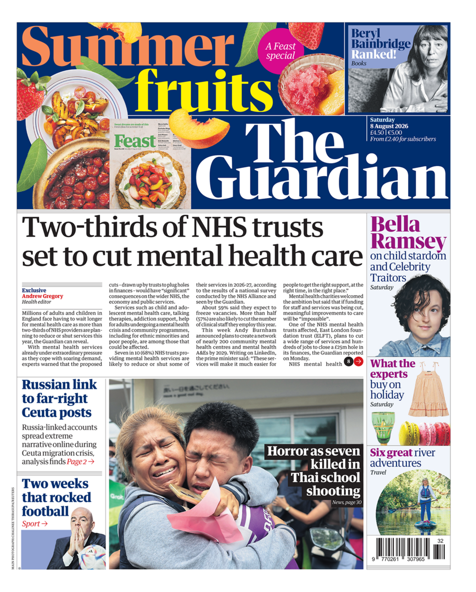 The headline on the front page of reads: “Two-thirds of NHS trusts set to cut mental health care”.